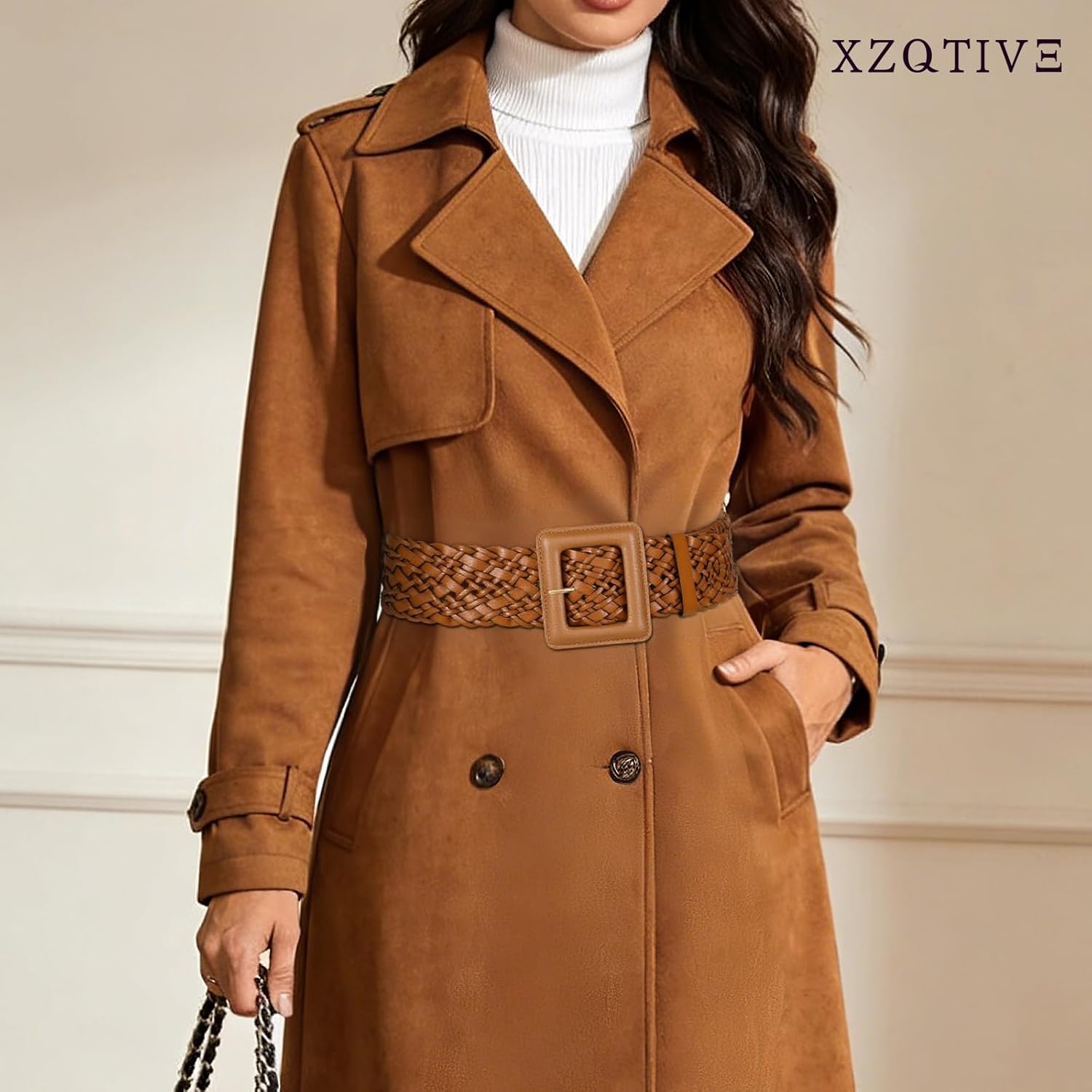 XZQTIVE Women Wide Belt for Dresses Fashion Thick Braided Leather Belts with Square Buckle, Woven Waistband for Ladies - Image 7