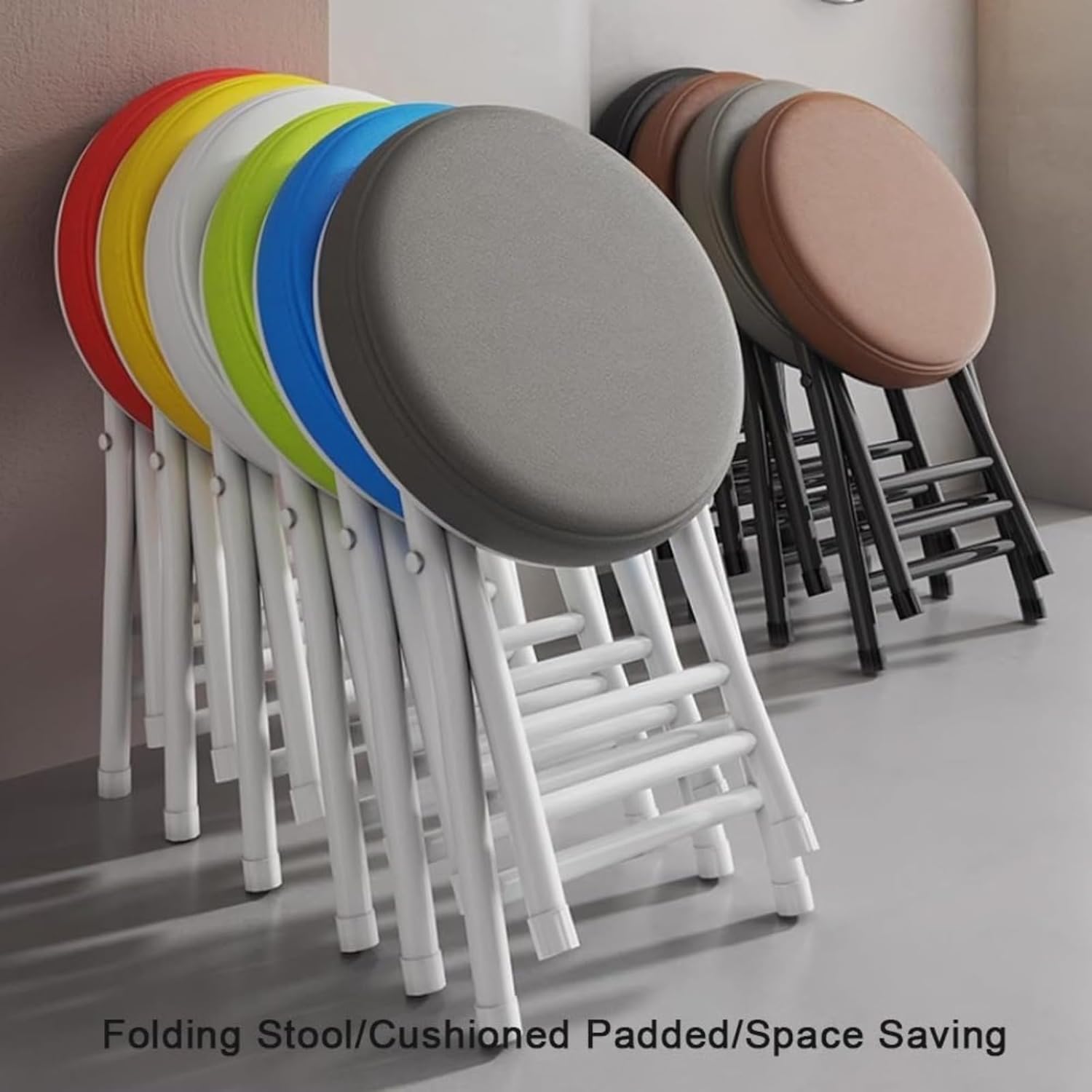 Folding Stool, Circular Cushioned Folding Stool, Sturdy Metal Frame Portable seat, Compact Design that Saves Space