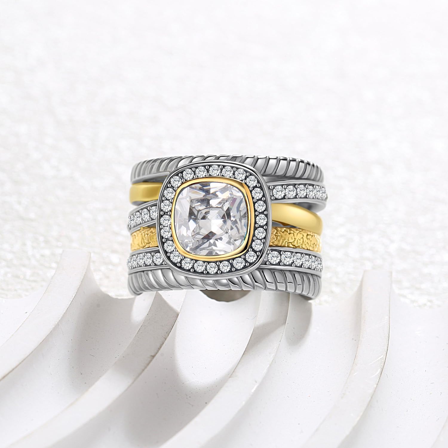 2 Tone Intertwined Crossover Statement Ring for Women,Stainless Steel Cubic Zirconia Wedding Rings for Women,Fashion Chunky Wide Index Finger Rings Jewelry - Image 3