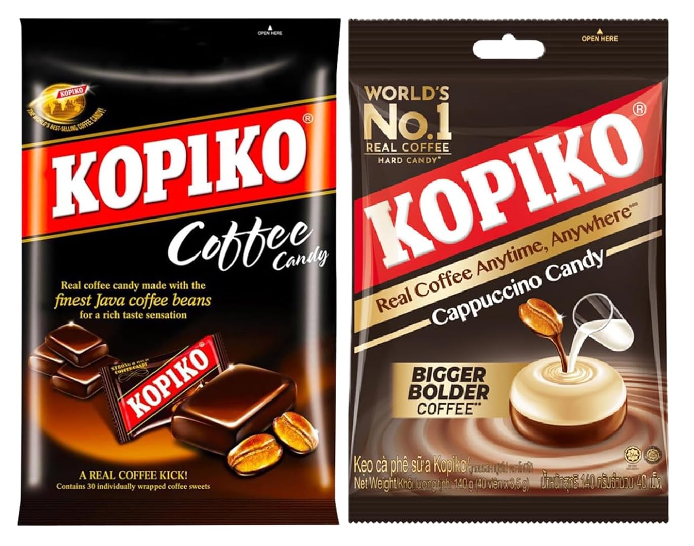 KOPIKO Kaffee & Cappuccino Bonbons Mix – 2er Set (1X 150 g+ 1X 175 g) – Aromatische Kaffee-Kaubonbons für echten Coffee-To-Go Genuss