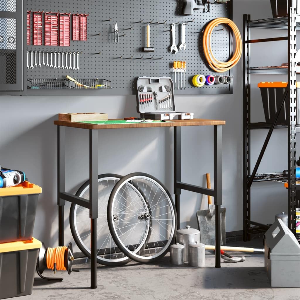 Banco de trabajo de roble macizo marrón oscuro 100 x 60 x (71,5 – 98) cm con patas ajustables en altura y estructura de metal robusta. Equipo de taller estable para aficionados al bricolaje con gran