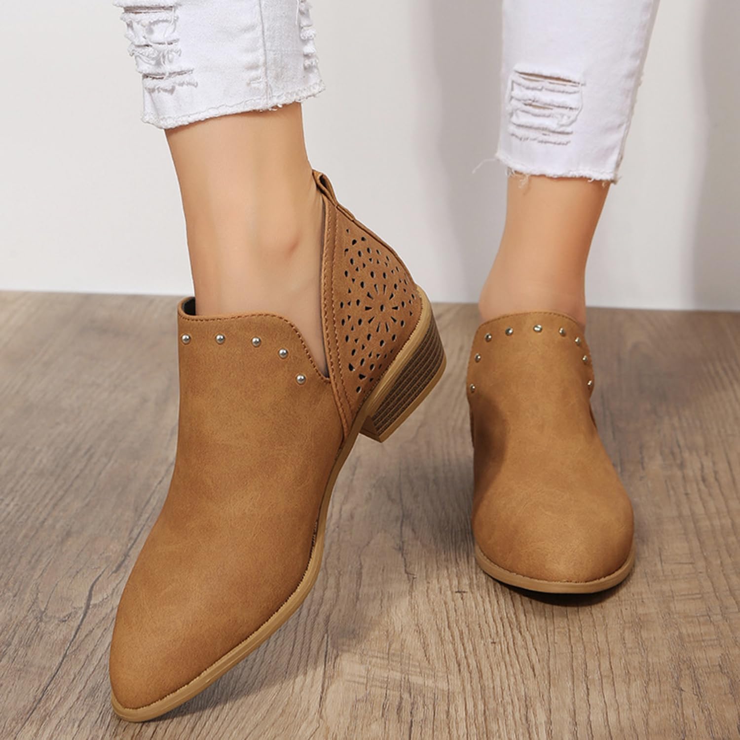 JITUUE Ankle Boots for Women Casual Cut Out Slip On Low Heel Short Chunky Stacked Heel Perforated Side V Cut Western Booties Cutout Shoes(Brown-c,US 9.5 - Image 3