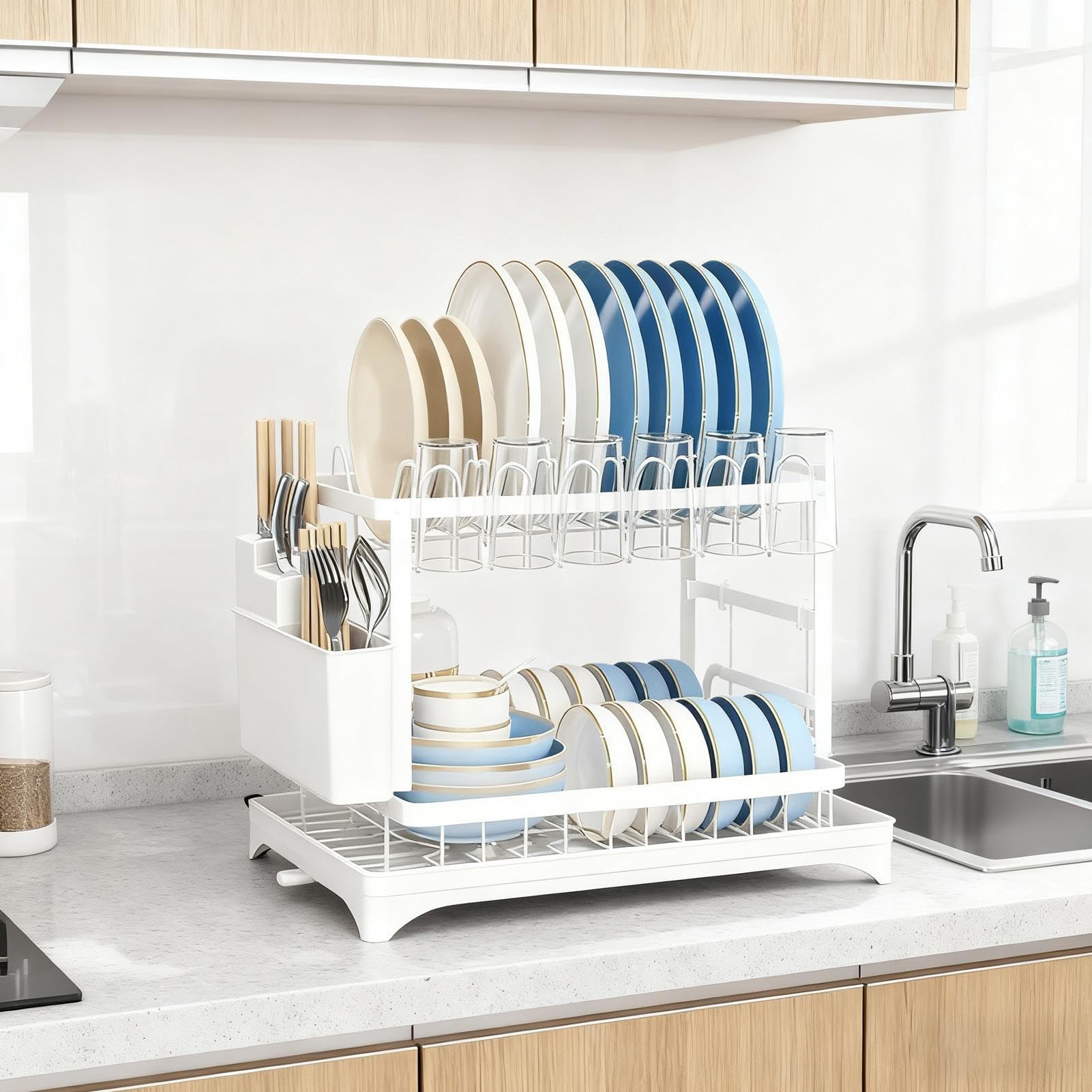 de 2 niveles, ahorro de espacio con soporte para utensilios, escurridor para encimera de cocina, para tazas, cubiertos, bandeja, platos, organización, fregadero, encimera, hogar, hogar