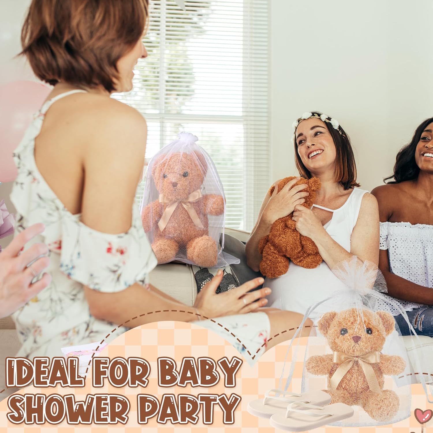Lewtemi 8 Sets Funny Baby Shower Chancla Game Activities Baby Shower Bear Slipper Games Flip Flops Organza Bags How to Throw The Chancla at Dolls Babies Showers Game Gender Reveal