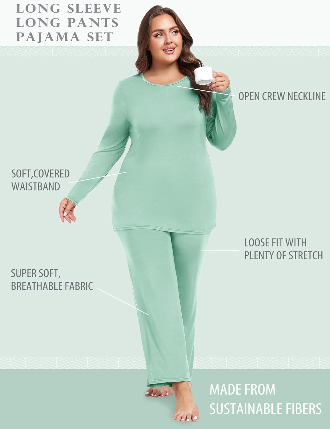 FOREYOND Plus Size Pajama Sets For Women 2 Piece Long Sleeve Crew Neck Lounge Sets Rayon Soft Sleepwear - Image 2