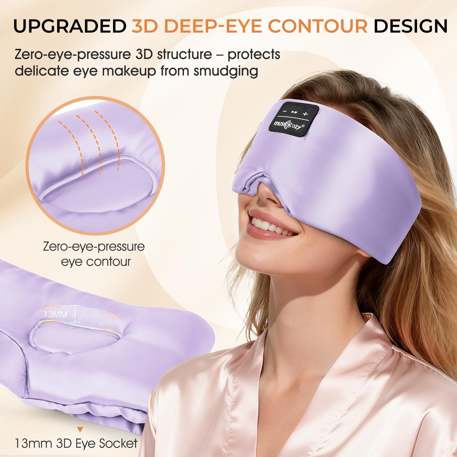 MUSICOZY Máscara de seda para dormir, seda de morera pura, 100 % opaca, máscara de ojos profundos 3D con auriculares, ultra suave y cómoda, transpirable, con tiempo de reproducción de 14 horas y