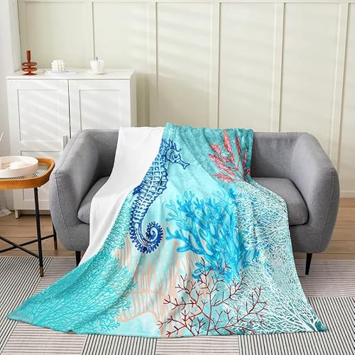Ocean Flannel Fleece Throw Blanket, Beach Coastal Seahorse All Season Bed Blanket Marine Life Sea Fuzzy Blanket for Bed Sofa Couch, Nautical Bedroom Decor Plush Blanket Throw 50"x60"
