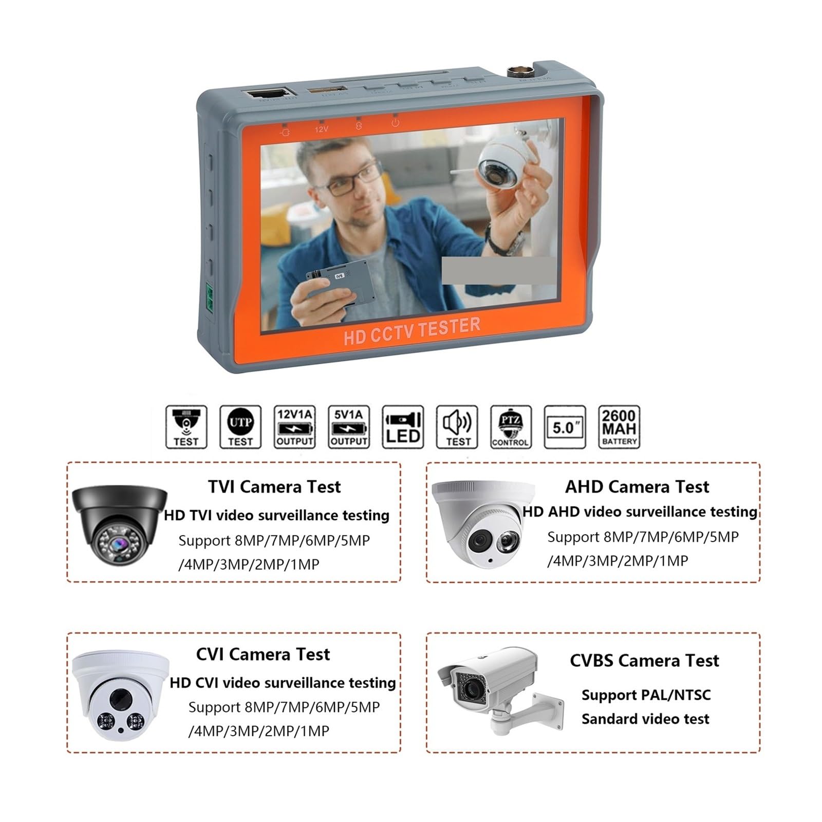 Tester CCTV, Profesjonalny Tester Telewizji Przemysłowej 8MP AHD TVI CVI CVBS Kamera Ochrony Koncentryczny Tester HD Z Kontrolerem PTZ Test Kabla UTP Wyjście DC 12V,Lekki(IV5)