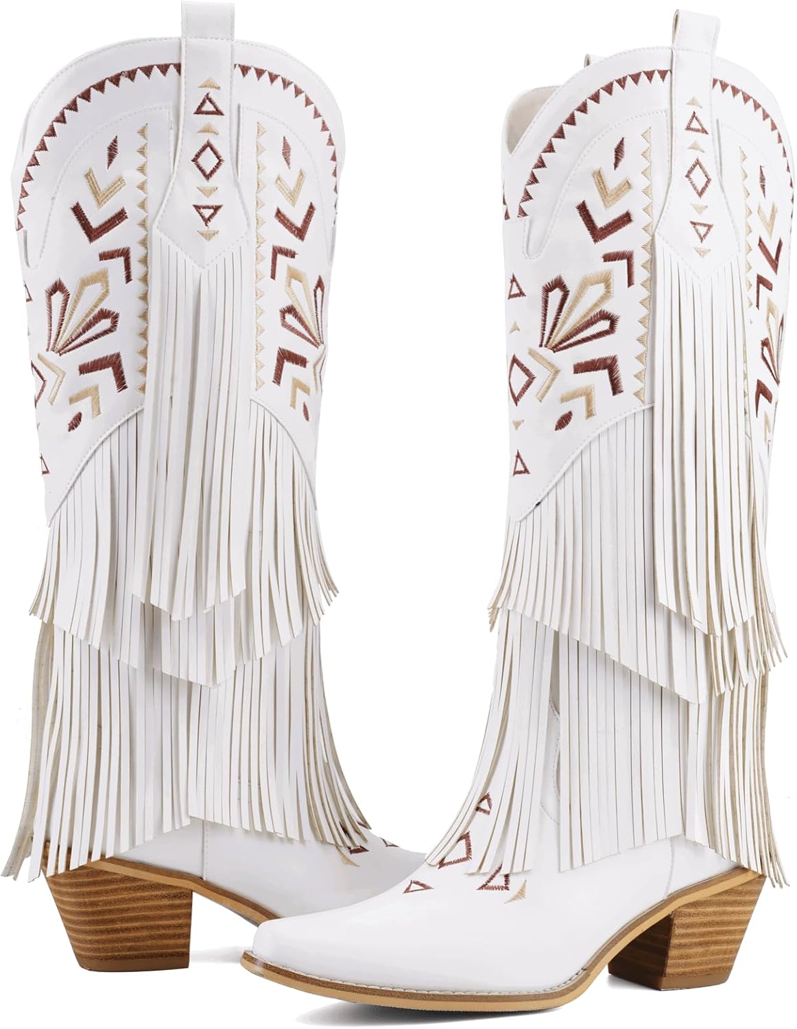 Women’s Fringe Cowboy Boots Knee High, Embroidered Western Cowgirl Boots with Tassel, Pointed Toe Chunky Heel Pull On Boho Festival Concert Boots