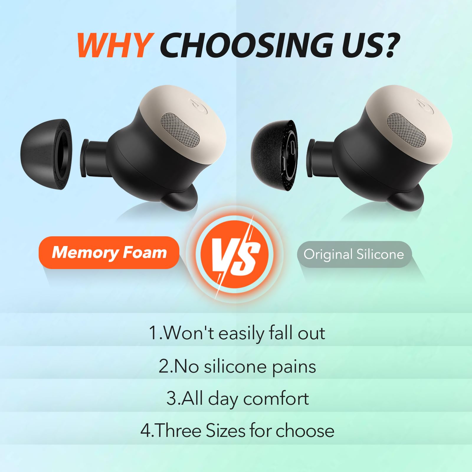 Puntas de espuma viscoelástica para Google Pixel Buds Pro 2, sin dolor de orejas de silicona, almohadillas de repuesto antideslizantes, caben en la funda de carga, reducción de ruido, 3 pares (tamaños
