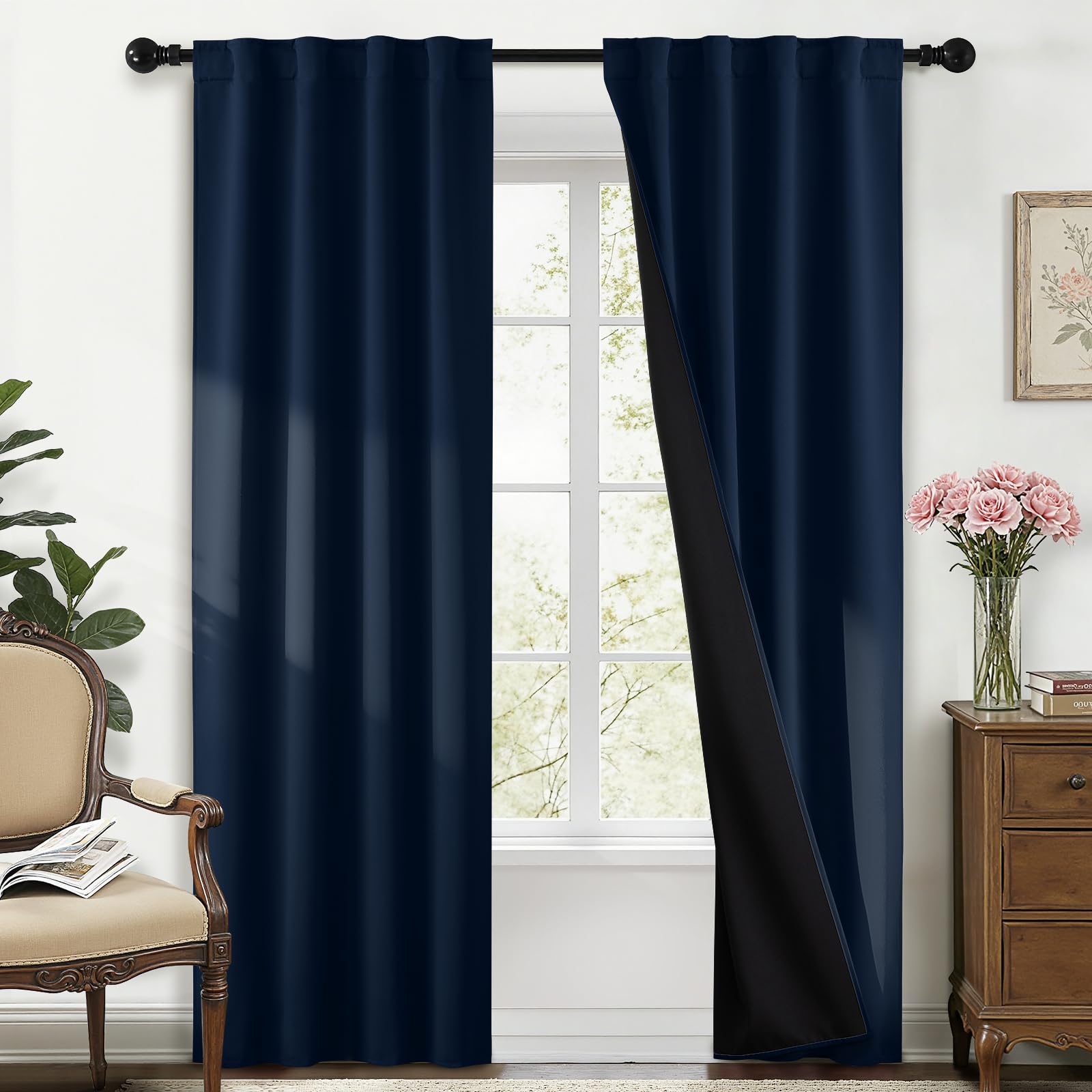 Yakamok Blackout Curtains Thermal Insulated Window Treatment Panels Room Darkening Blackout Drapes for Bedroom Back Tab/Rod Pocket Living Room Draperies, 40 x 84 Inch, Navy Blue, 2 Panels