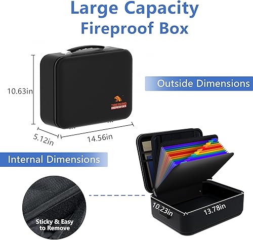 Miniatura 2 de TIGERKING Caja fuerte de documentos a prueba de fuego con cerradura y asa, organizador de documentos ignífugo con carcasa dura, caja fuerte portátil