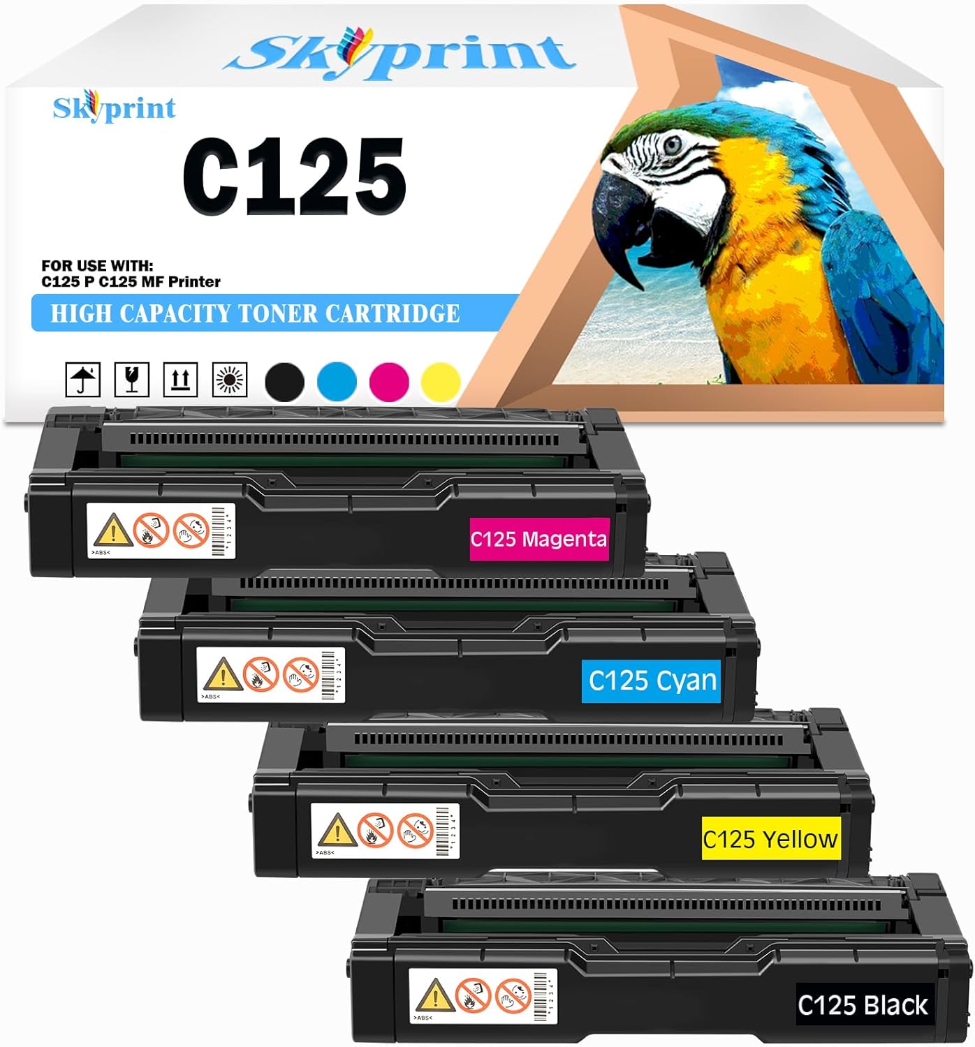 SkyPrint High Capacity C125 Toner Cartridges with Chip Replacement for Ricoh C125P C125MF C125 P C125 MF Printer(4-Pack Black Cyan Magenta Yellow)