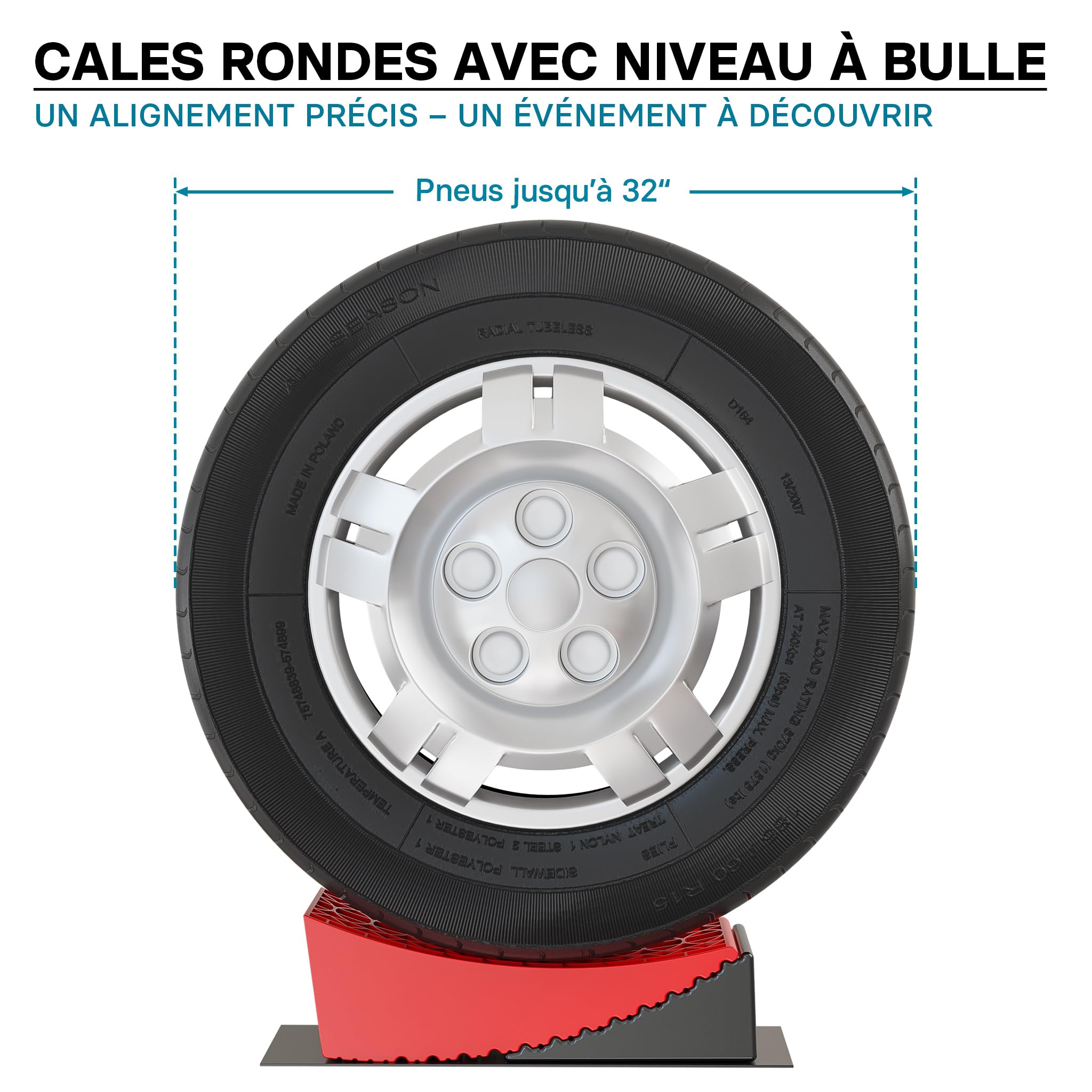XPOtool Lot de 2 Cales de roue rondes – 320 x 150 x 110 mm / 190 x 150 x 80 mm – Capacité 13 t – avec Niveau à bulle en T – Protection de pneus pour Camping cars et Remorques – Rampes véhicules