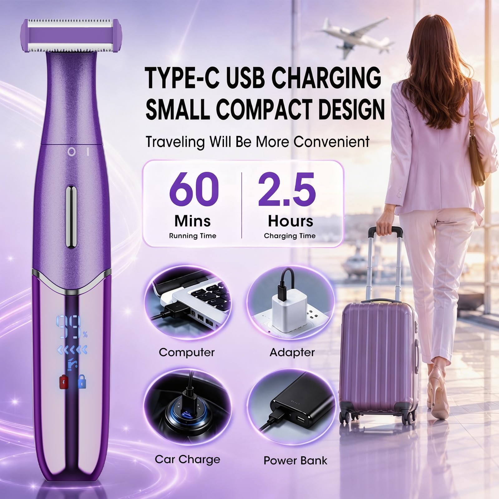 Qreeyx Maquinilla de afeitar eléctrica 6 en 1 para mujer, afeitadora corporal inalámbrica recargable por USB, removedor de vello húmedo y seco, indoloro para cara, axilas, bikini y áreas privadas