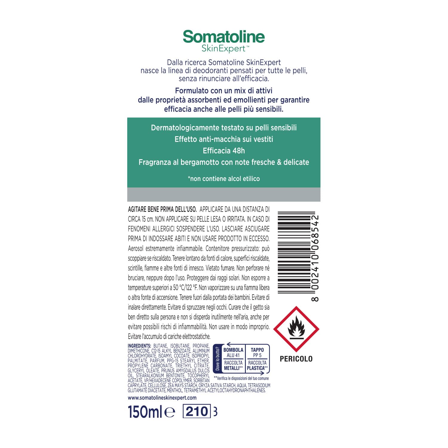 Somatoline SkinExpert Deodorante Pelli Sensibili - Antitraspirante 150 ml (Confezione da 4)