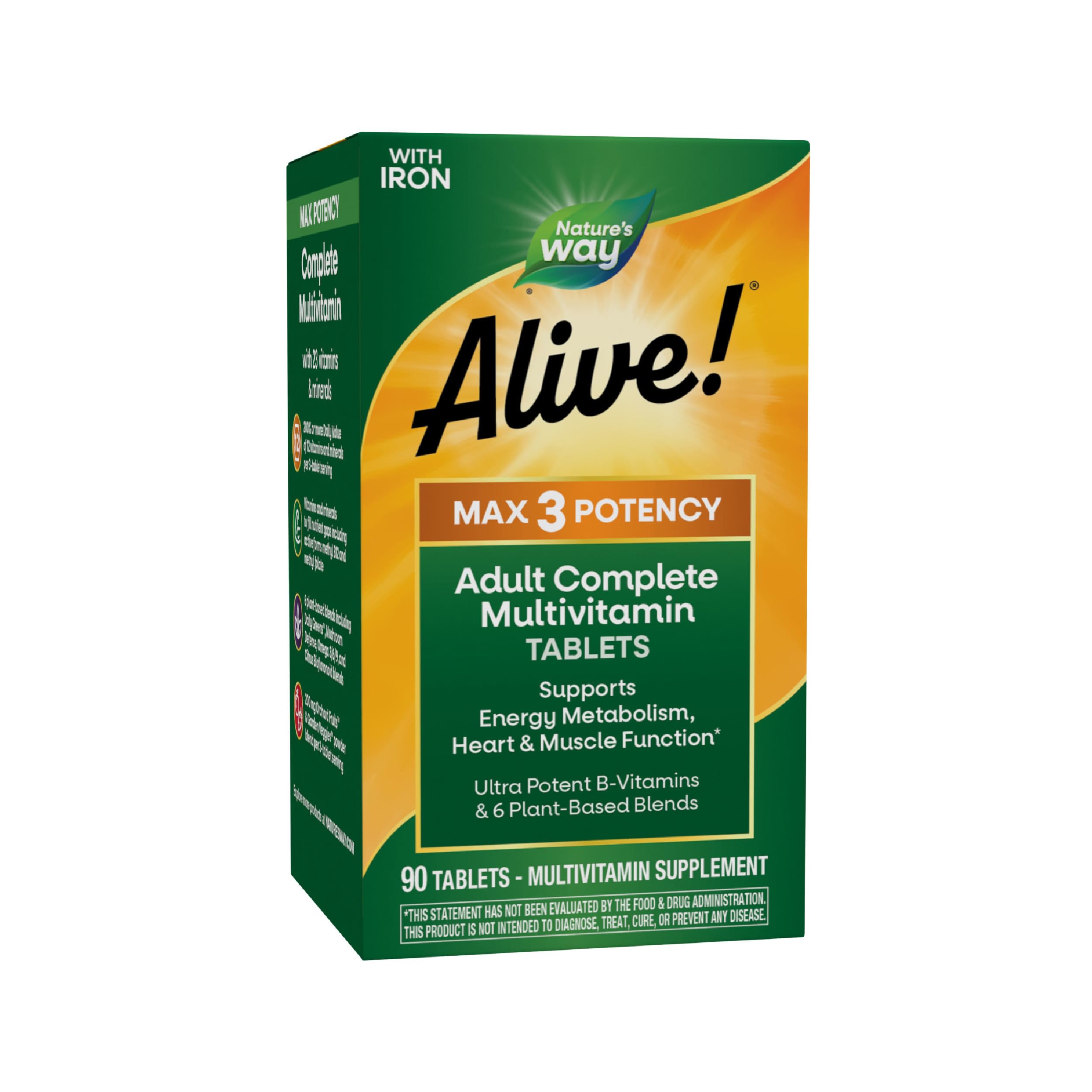 Nature's Way Alive! Max3 Potency Daily Multivitamin, Methylated B12 and Folate, Ultra Potency B-vitamins to Support Energy Metabolism*, 90 Tablets