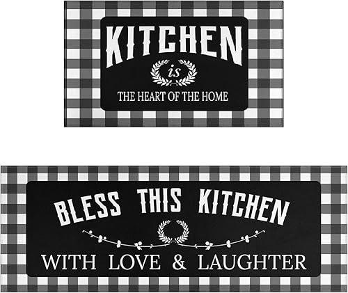 Faptoena Juego de 2 alfombras y tapetes de cocina negros y blancos, decoración de cocina, antideslizantes, absorbentes, tapetes de cocina para
