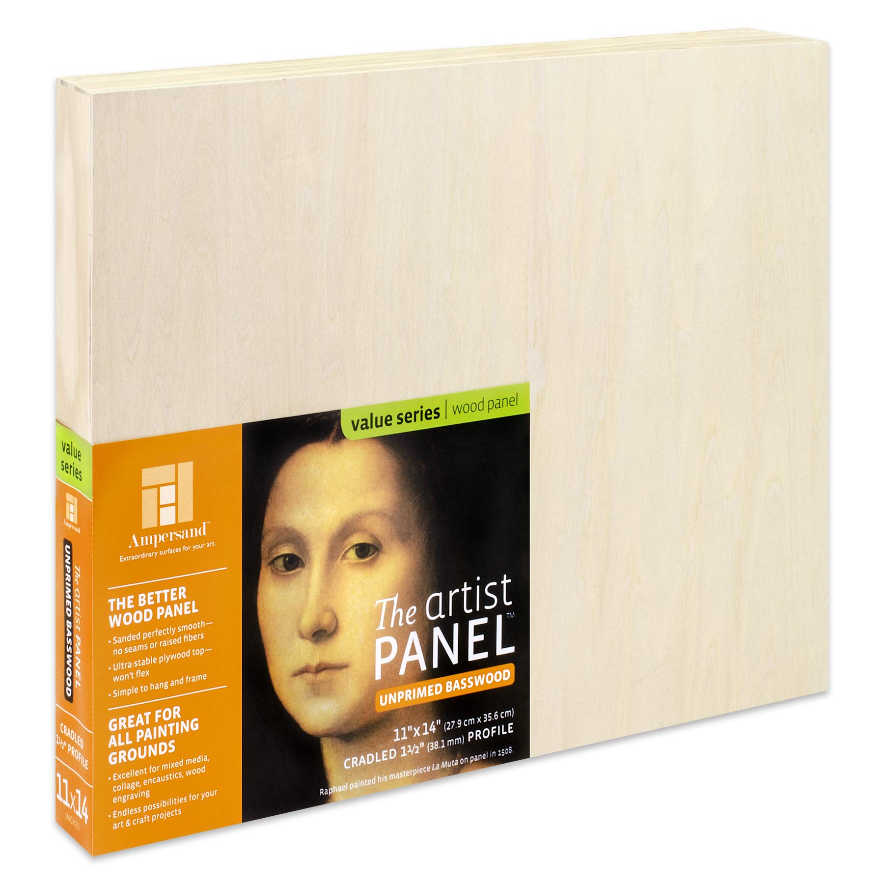 Ampersand Art Supply Unprimed Basswood Artist Panel, 1-1/2" Cradled Profile 11"x14"