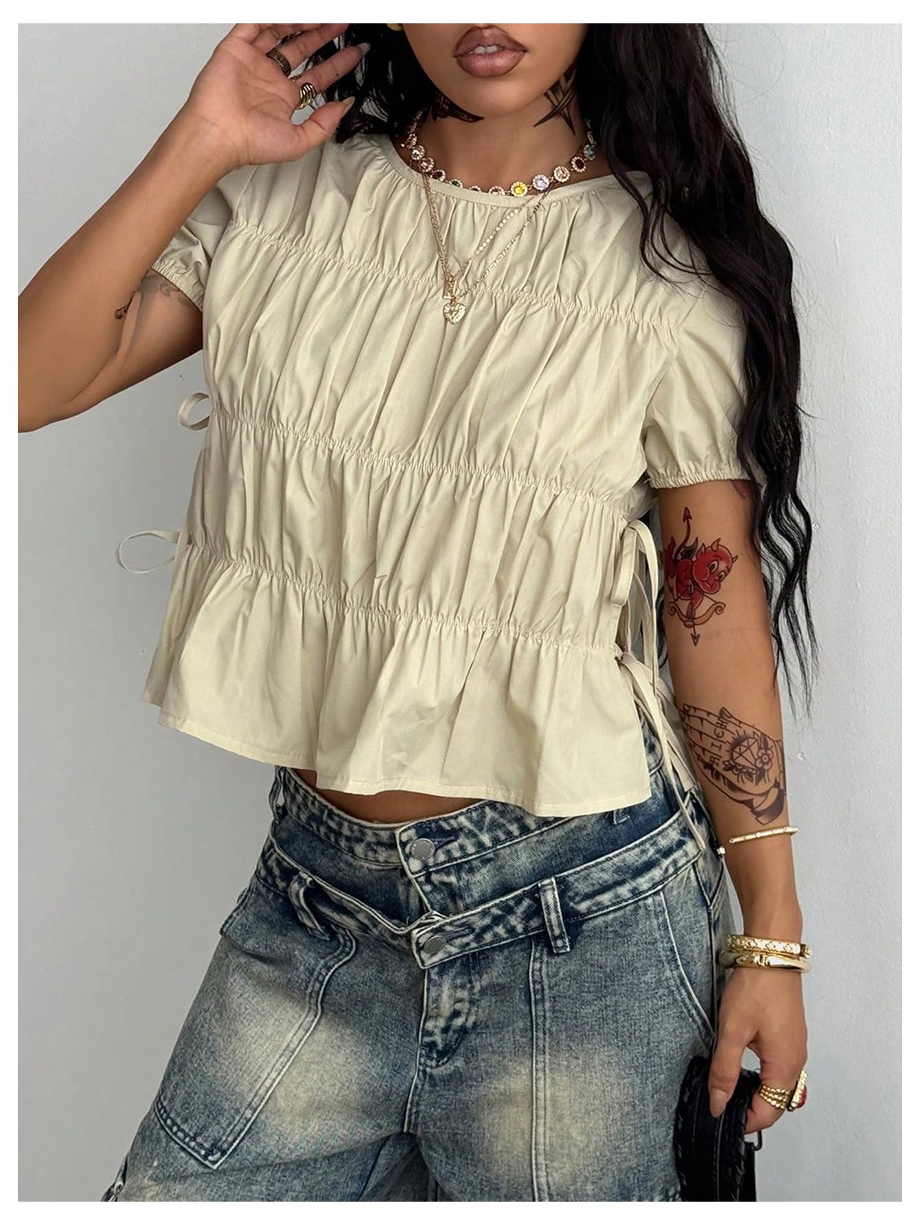 Floerns Women's Y2k Puff Sleeve Blouse Tie Side Ruffle Hem Concert Outfit Shirts