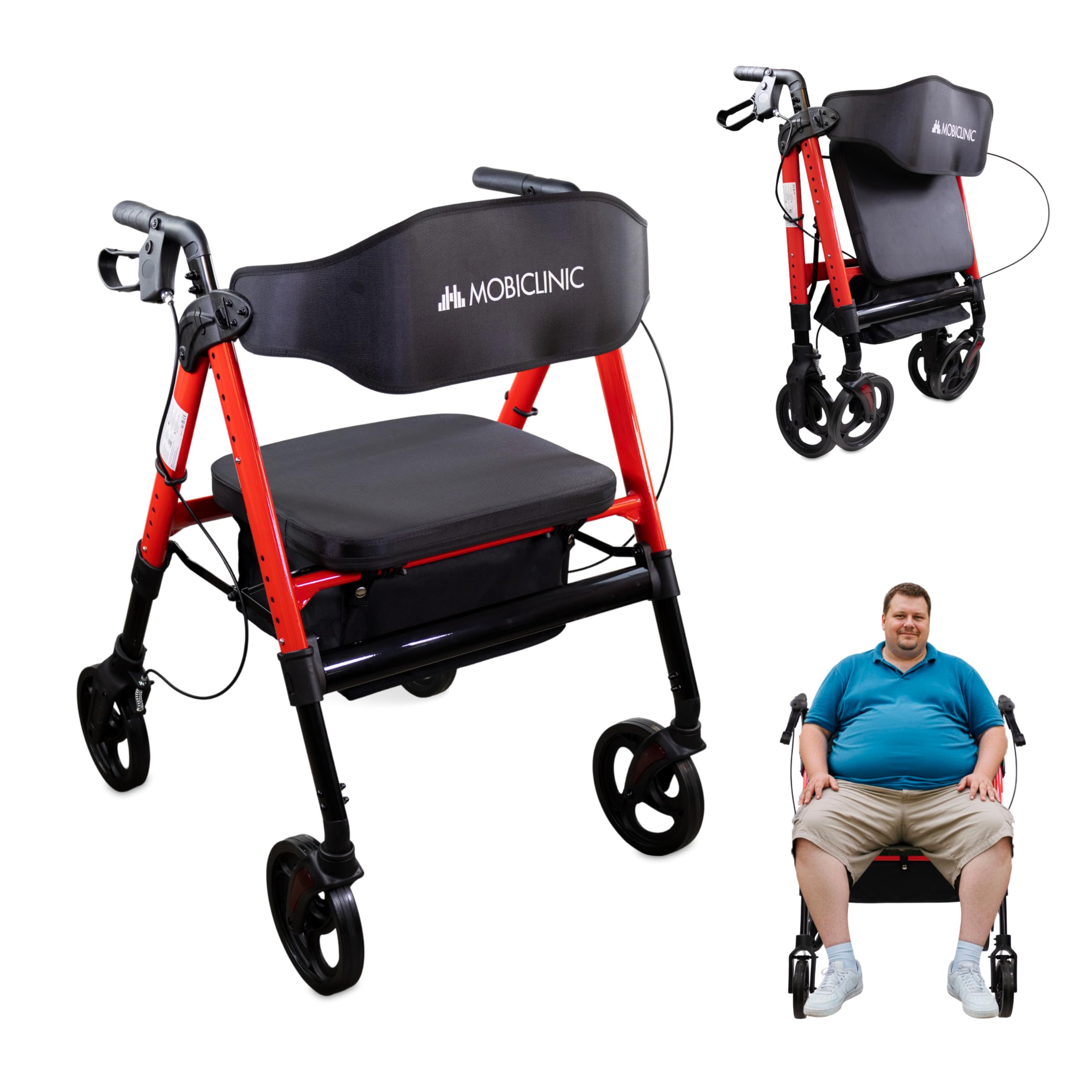 Mobiclinic®, Andador Bariátrico, Hasta 204 Kg, Plegable, Extra Ancho, Manillar y Asiento Regulable, Ruedas 360º, Respaldo, Cesta XL, Aluminio Reforzado, Madeira