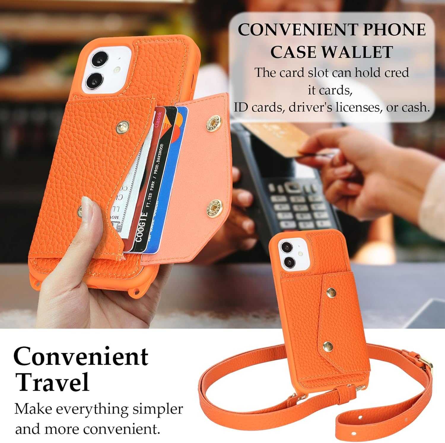 Jaorty Genuine Leather Wallet Case for iPhone 12 Pro/12, Necklace Lanyard Case Cover with Card Holder & Cash Pocket for Women Girls,Magnetic Snap,Anti-Lost Shoulber Strap 6.1 inch,Orange