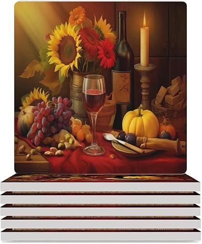 Miniatura 14 de Round-4 posavasos de cerámica para vino tinto, posavasos redondos absorbentes para bebidas, estilo vintage de madera, vino tinto, uvas, frutas y