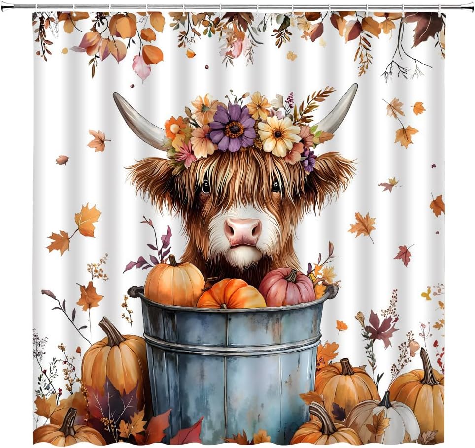 Fall Highland Cow Shower Curtain Funny Cattle Autumn Pumpkin Maple Leaves Sunflower Farmhouse Animal Thanksgiving Harvest Watercolor Plant Fabric Bathroom Decor Curtains with Hooks,70 x 80