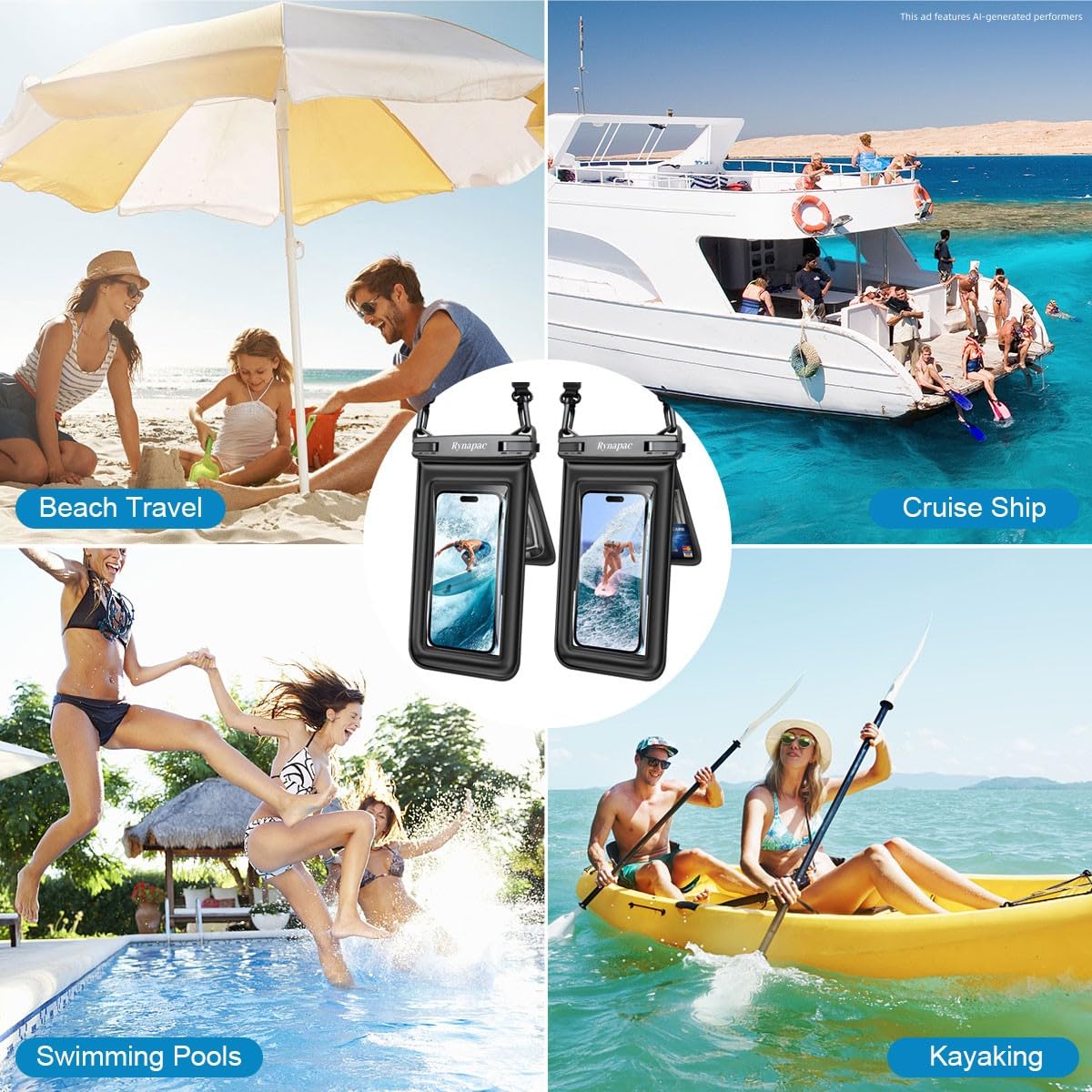 Rynapac Custodia per telefono impermeabile a doppio spazio galleggiante | Touch screen, custodia impermeabile IPX8, per iPhone 17 16 15 14 Pro Max, cordino regolabile, Beach & Cruise Essentials 2026