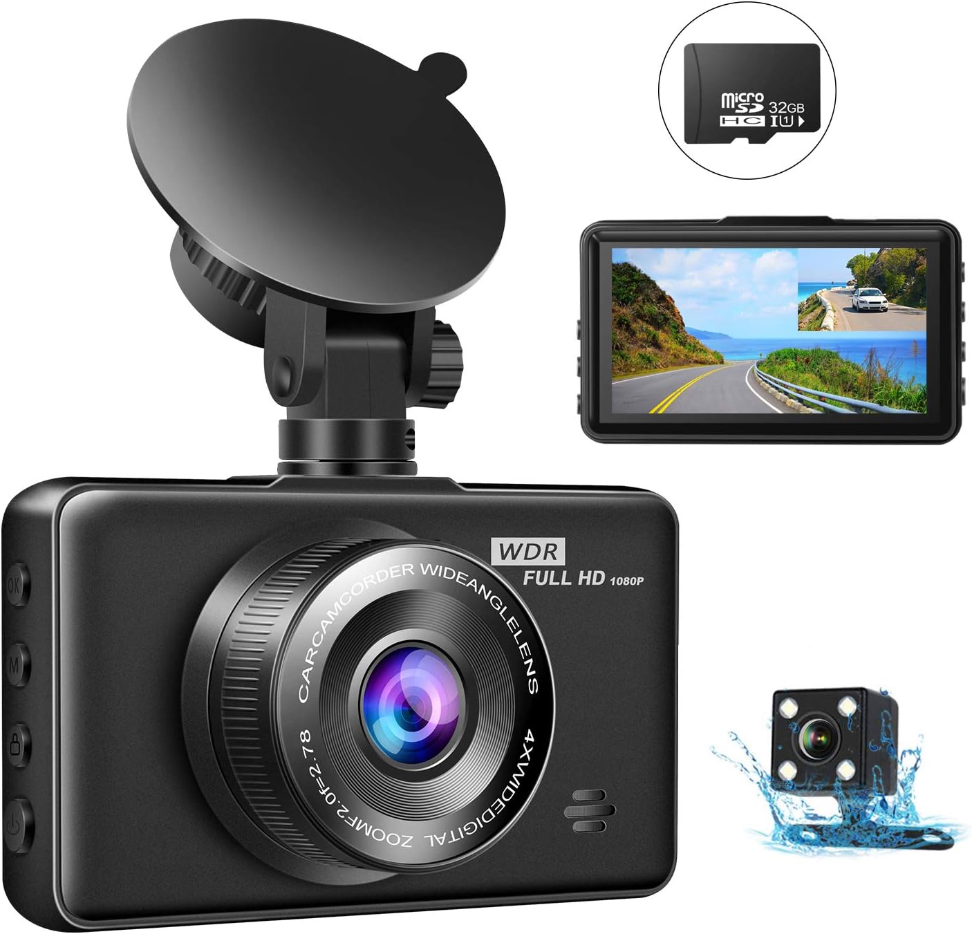 zhiroad A15 Dual Dash Cam with front camera, rear camera, 3-inch display, and 32GB SD card