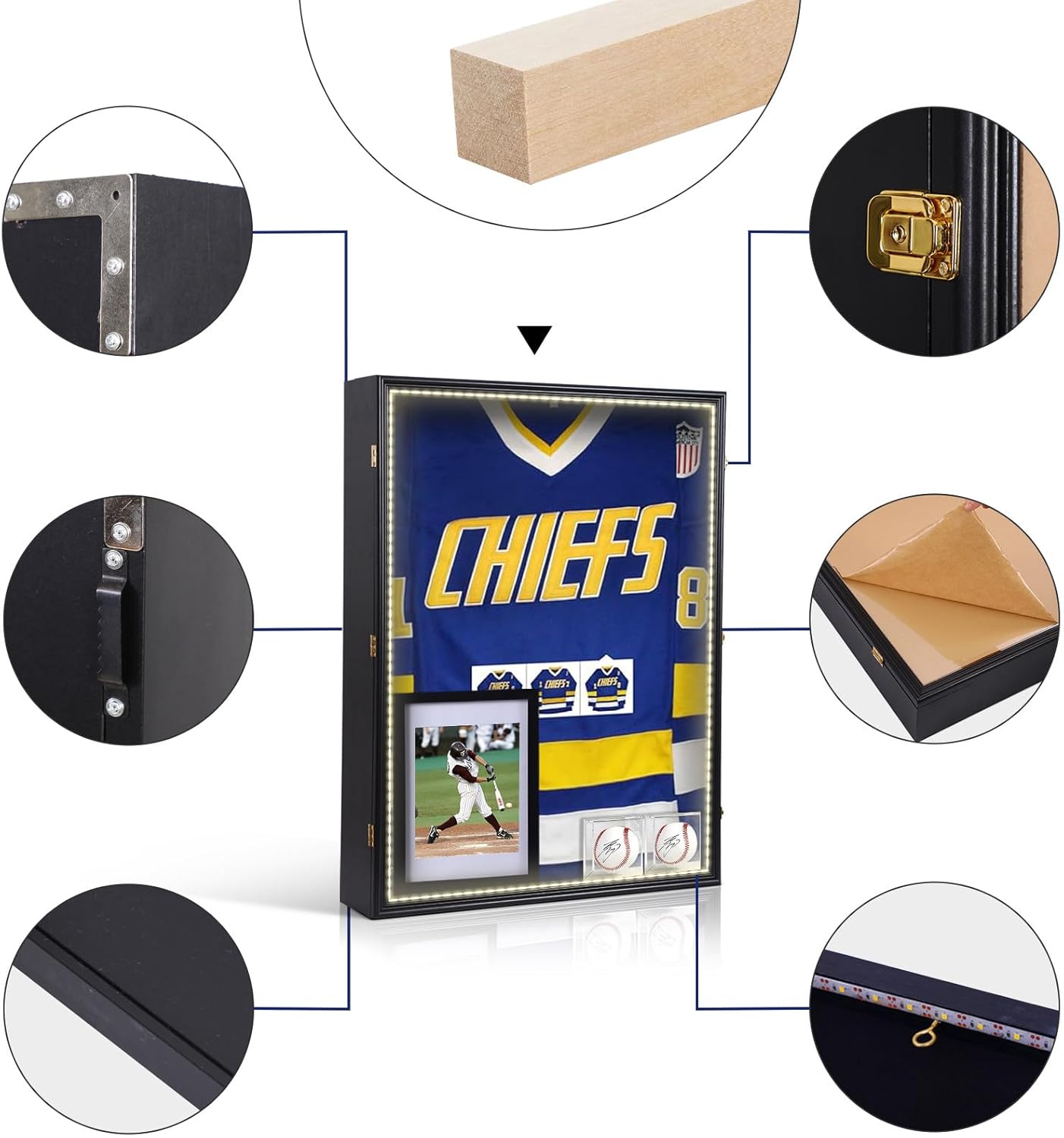 Jersey Frame Display Case, LED Jersey Frame, X Large 37 x 28 Display Case with LED Light Strap, Polished Plexiglass, 2 Baseball Case and 1 Photo Frame for Sports Jerseys (LED 1-Pack Black)