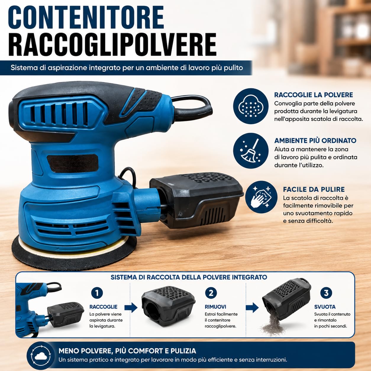 Topolenashop Levigatrice Roto Orbitale Elettrica 650W – Levigatore 125 mm 5" con Velocità Variabile, Platorello a Strappo, Contenitore Raccoglipolvere per Falegnameria | VP10502