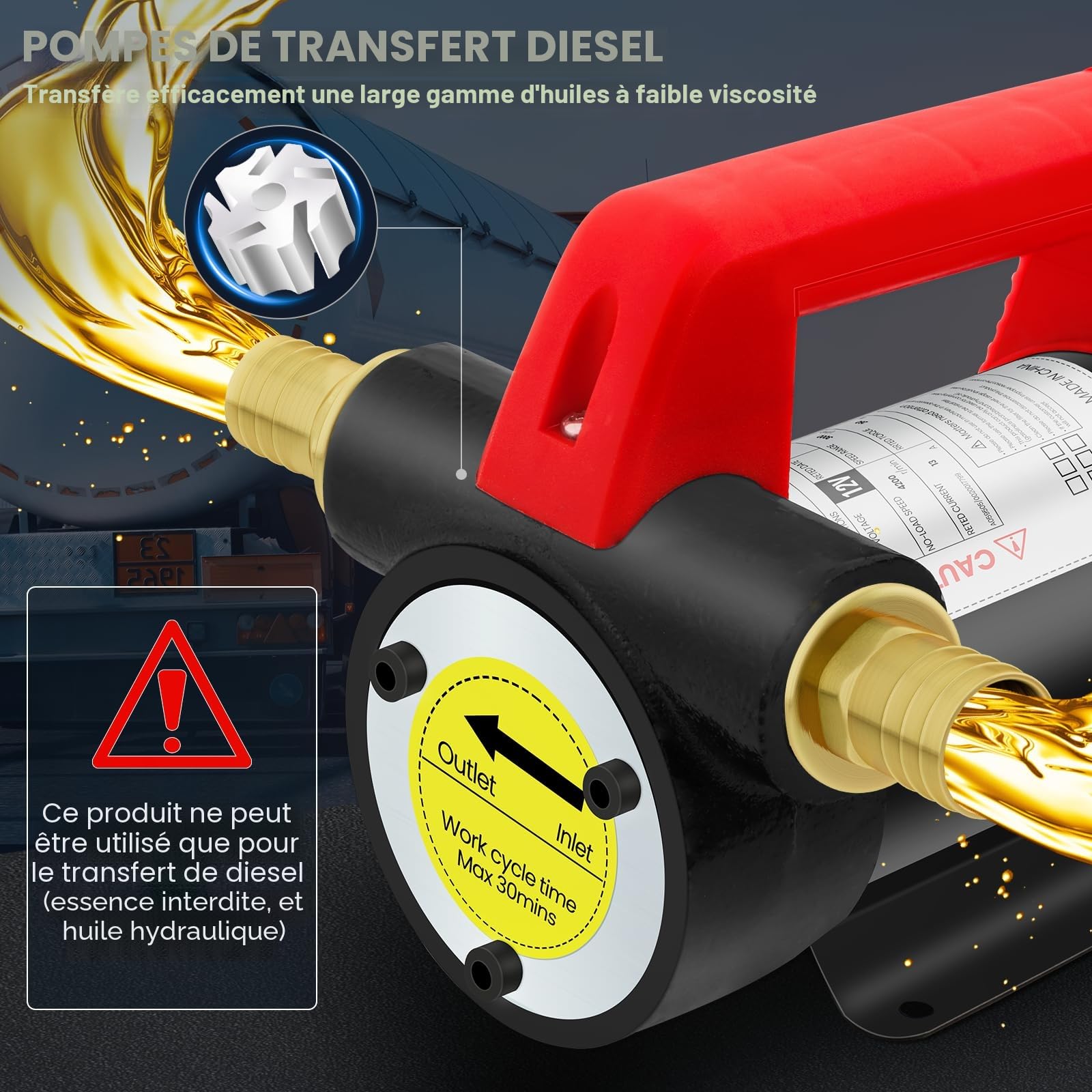 Pompe Transfert Diesel 12V 200W Pompe Gasoil Electrique Pompe à Carburant Auto-Amorçante PompeDiesel 45l/min pompe à Huile avec pistolet