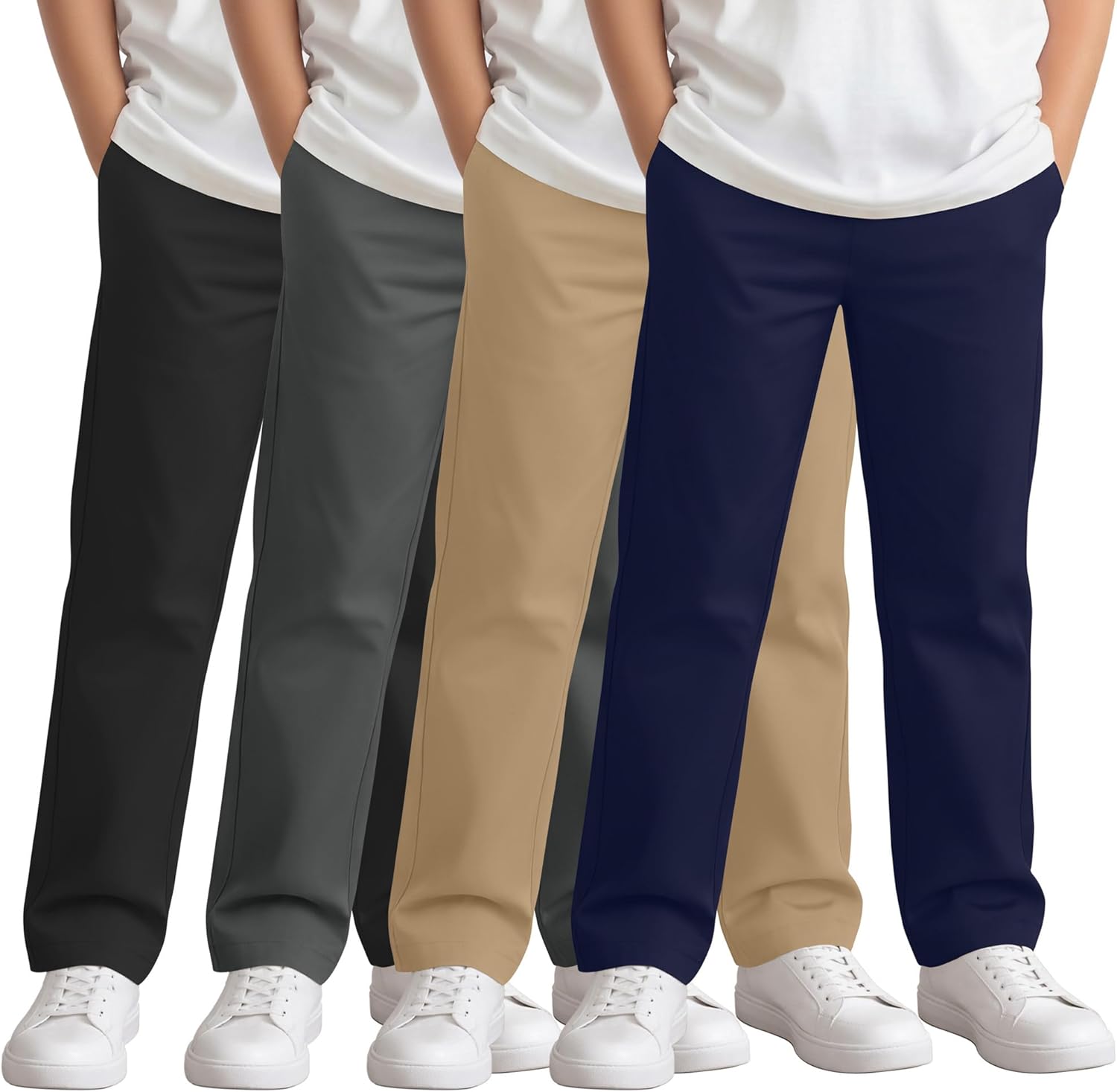 4 Pack Boy's School Uniform Pants Elastic Waist Flat Front Trousers Kid Straight Fit Pants with Pocket