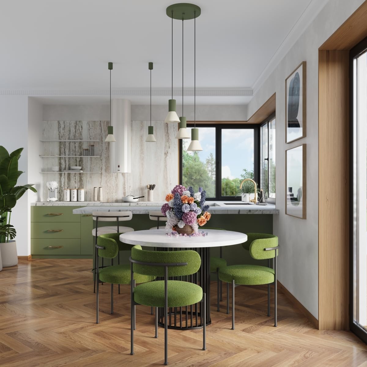 SOLLUX lighting Lampada a Sospensione - Lampada a Pendolo - Lampada da Soffitto Acciaio Alluminio - 3 Paralumi - Lampada LED Lampadina - Beige Verde Oliva Estria