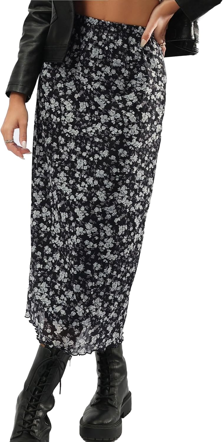 Avanova Women's Ditsy Floral High Waisted Skirts Lettuce Trim Summer Fall Boho Midi Skirt