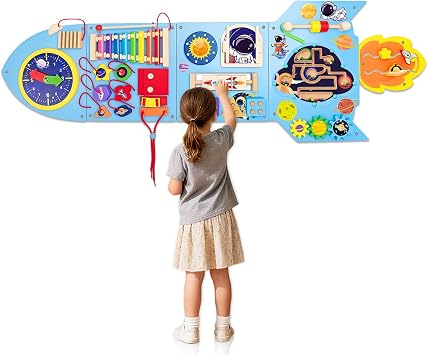 Montessori Busy Board, Sensory Wall Panel for Kids, Activity Wall Busy Board with DIY Rocket Stickers, Activity Cube Wooden Boards for 3+ Years Old