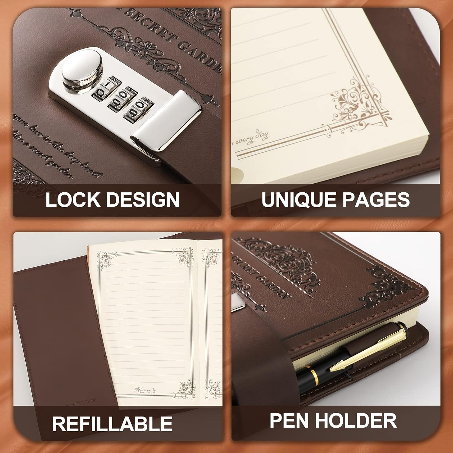 XIYUNTE Diary with Lock, A5 PU Leather Journal with Lock, Vintage Journal for Men, locking Journals for Writing with Pen & Gift Box, Refillable Journal Notebook with Combination Lock, Brown