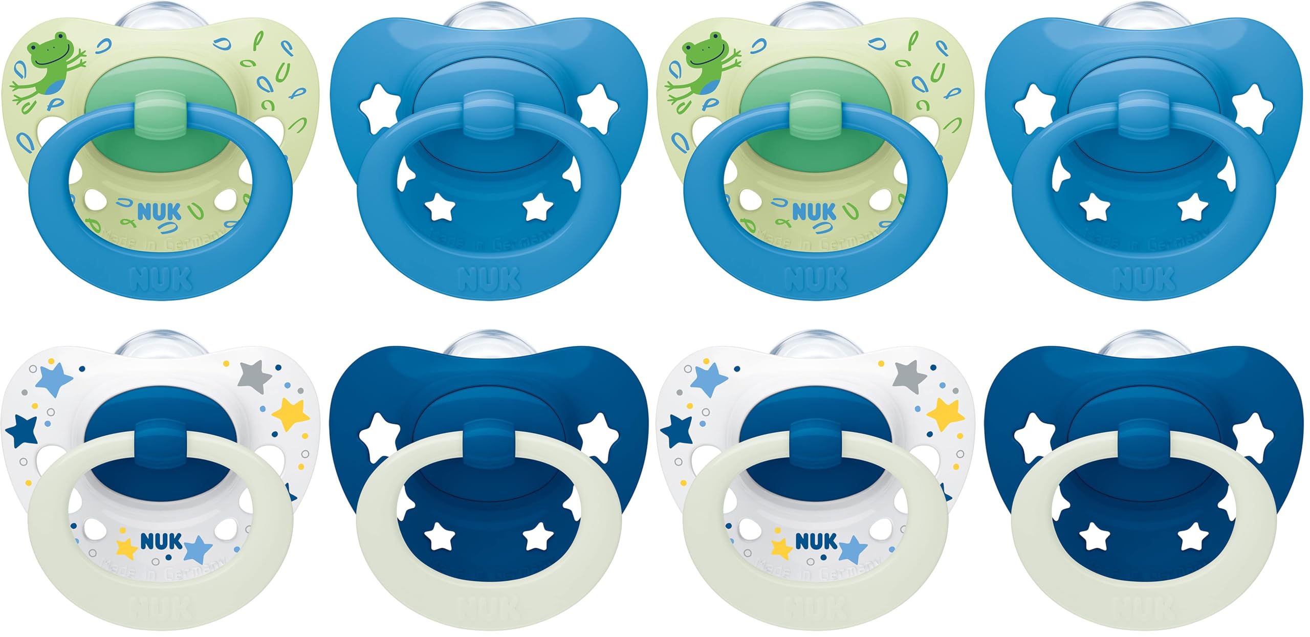 NUK Signature Day & Night Babyschnuller | 6-18 Monate | Beruhigt 95% der Babys | BPA-freie Silikonschnuller in Herzform | Leuchtet im Dunkeln | Sterne | 4 Stück (Packung mit 2)