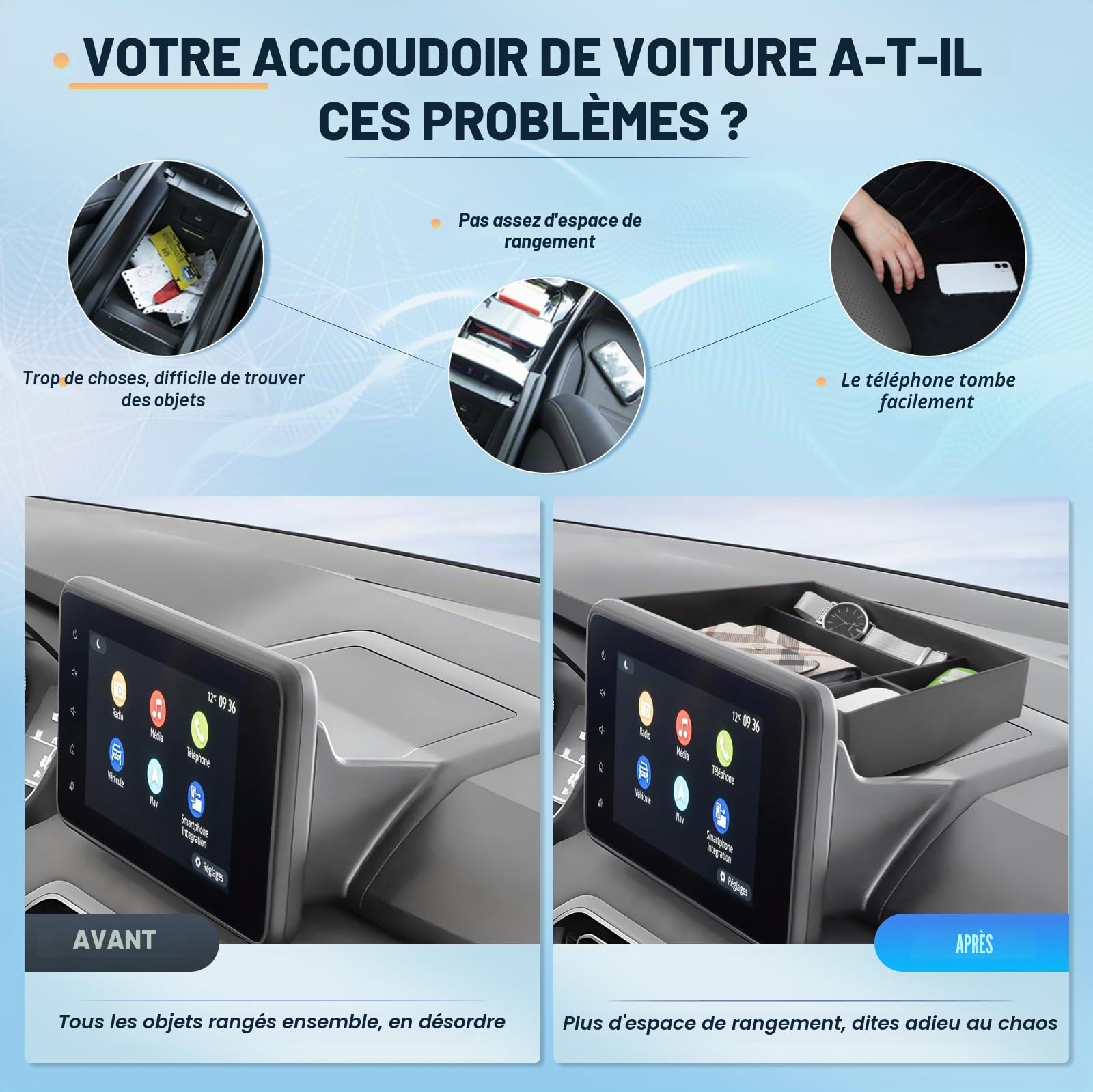 BIXUAN Compatible avec Dacia Sandero III Stepway III Jogger Console centrale Boîte de rangement pour boîte de rangement Accessoires Accoudoir Organisateur Accoudoir Plateau Accoudoir central Boîte à