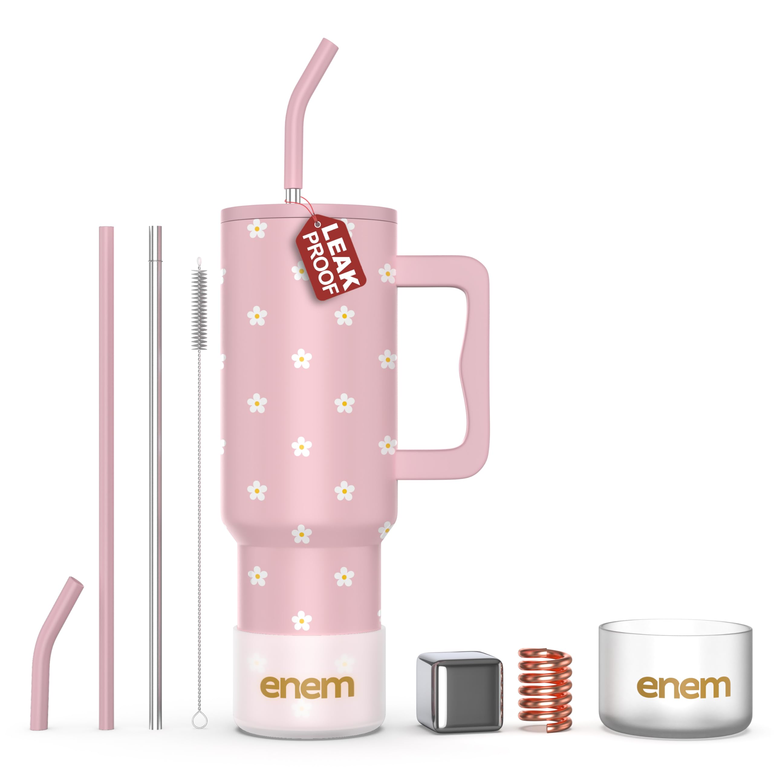 enem Tumbler, Petal Pink Pop, Tumbler with Metal Straw, Sipper, with Lid Leak Proof, 1 Metal Ice Cube, 1 Copper Spring (Tamba), Base Protector, Mug Travel, 1.2L