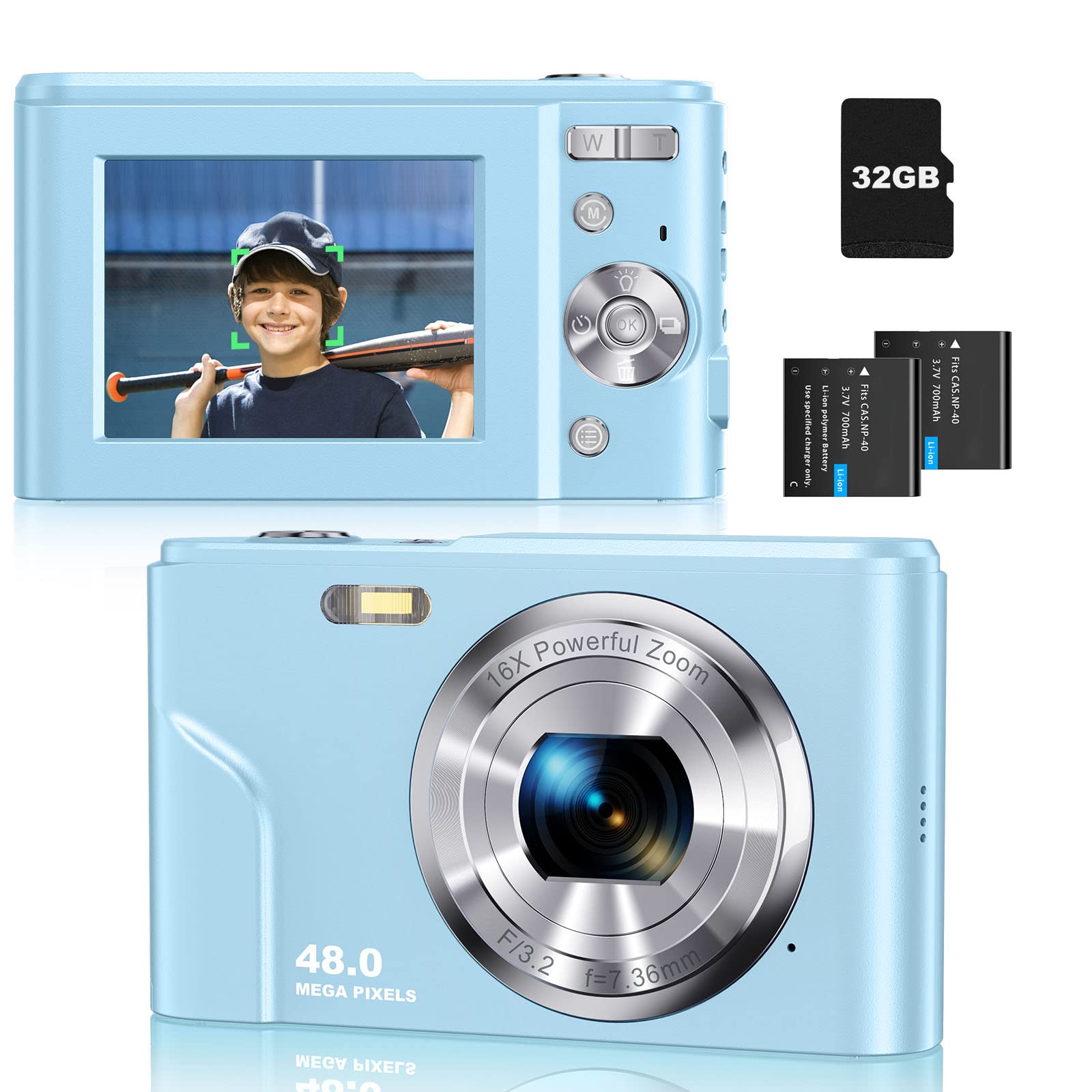 Sevenat Digital Camera Autofocus with 32G Memory Card FHD 1080P 48MP 16X Digital Zoom Compact Easy to Use Portable Cameras for Photography for Kids Teenagers Beginners Student Light Blue