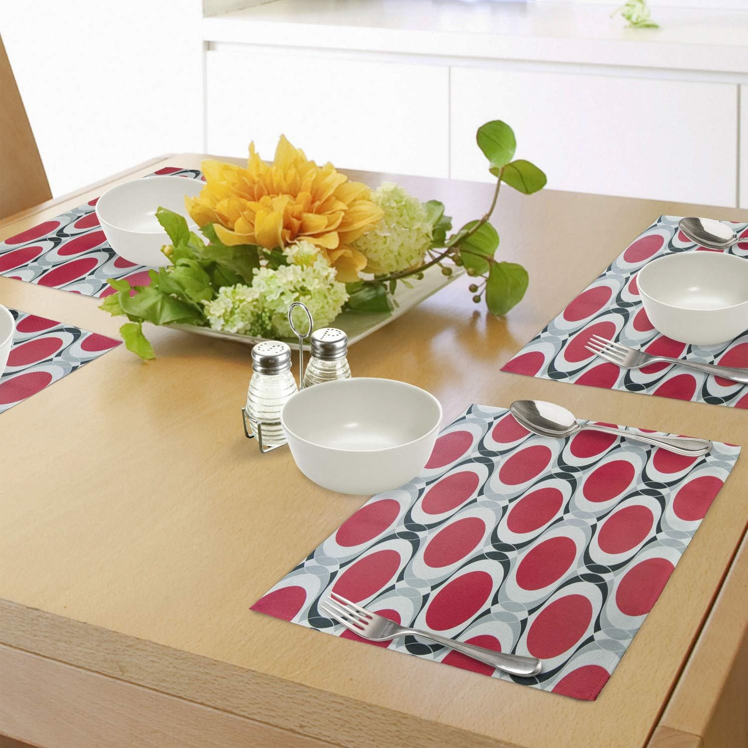 Lunarable Modern Place Mats Set of 4, Pattern with Red Dots and Black Swatch White Background Geometric Illustration, Washable Fabric Placemats for Dining Room Kitchen Table Decor, Red Black Grey