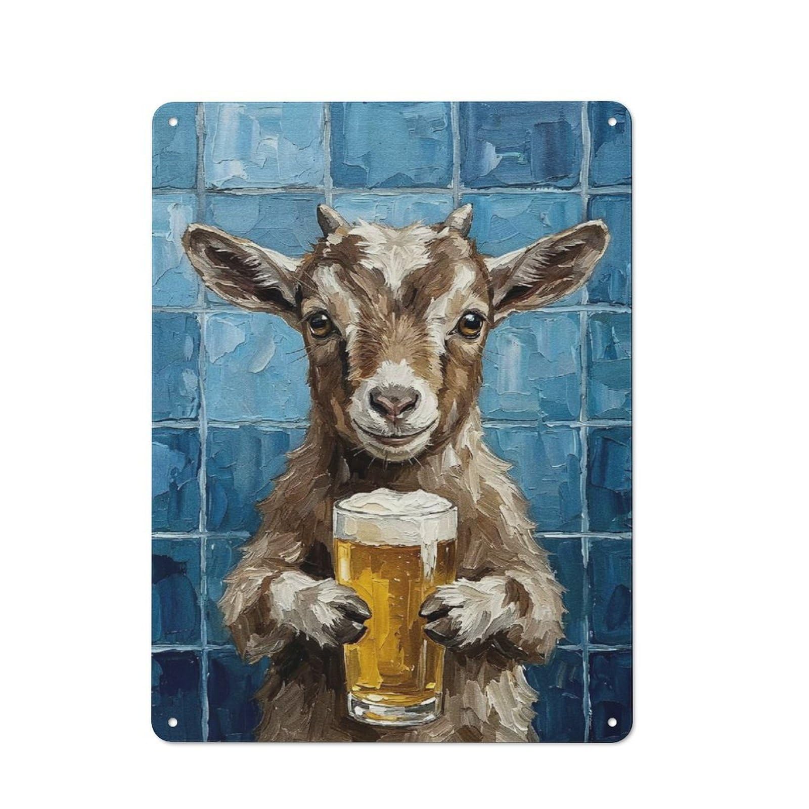Junmoney Style-5 Goat With Beer Painting Cottage Style Metal Wall Decor 40X30cm, Tin Wall Plaque For Kitchen, Cottage, Porch Or Garden Room