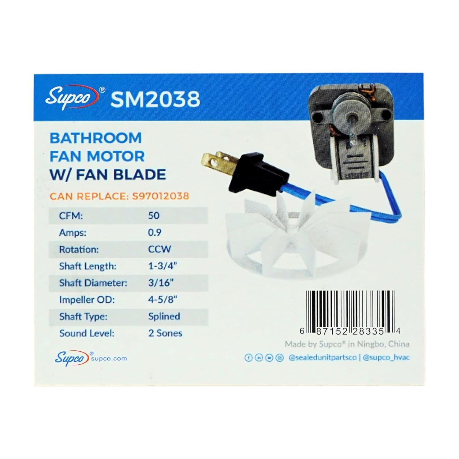 Supco SM2038 Bathroom Vent Fan Motor for Broan S97012038 99080216
