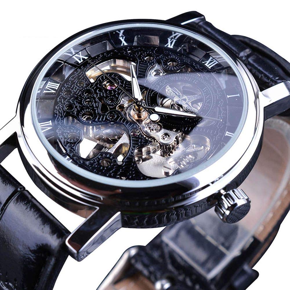 Winner Transparent Case Luxury Gold Watch for Men Brown Leather Strap Hand-Wind Skeleton Mechanical Watch Casual Fashion