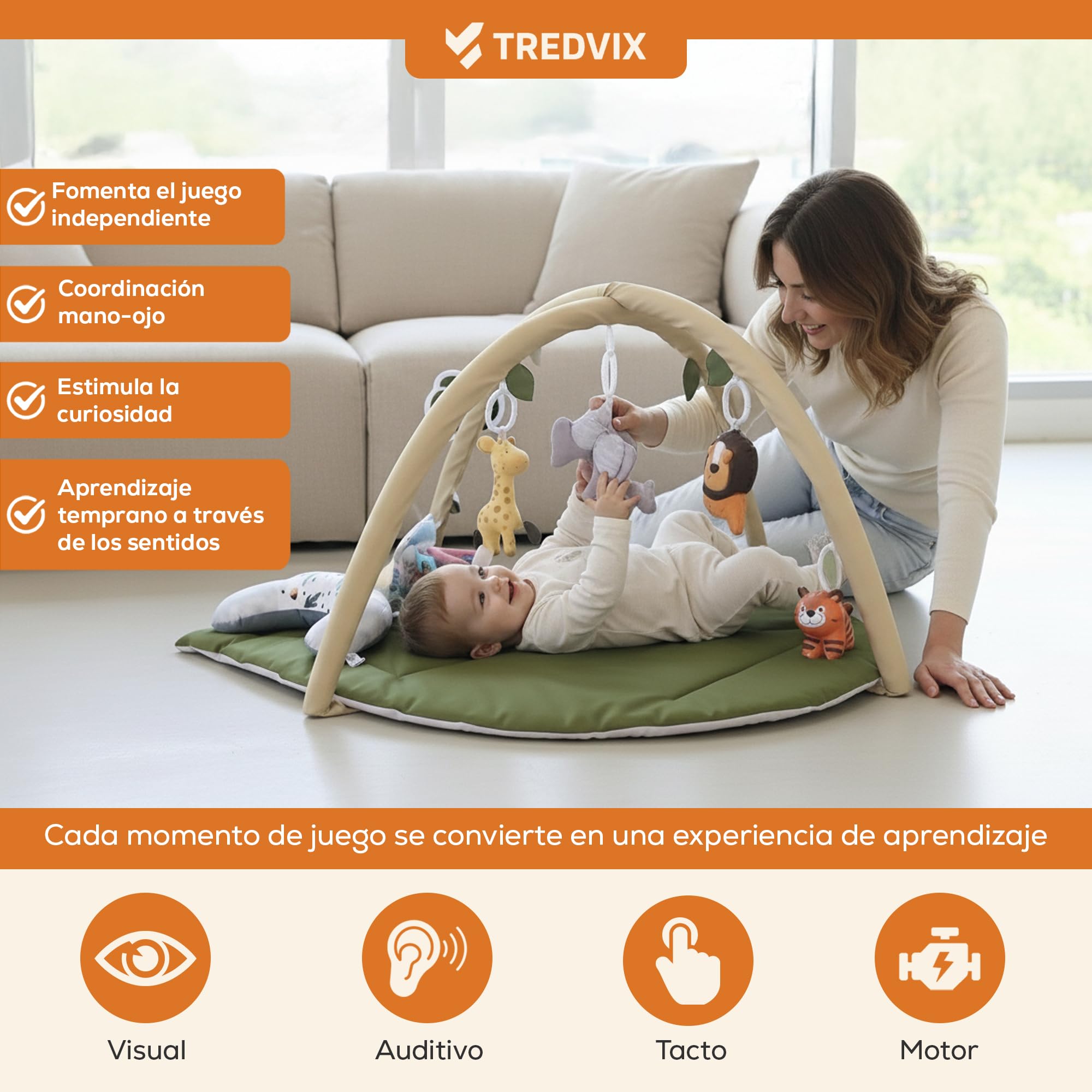 Gimnasio Bebé, Tapete de Actividades y Alfombra de Juegos Acolchada Lavable | Lavable a máquina, arco con 6 juguetes sensoriales desmontables, 2 mordedores, tummy time y uso de 0 a 12 meses
