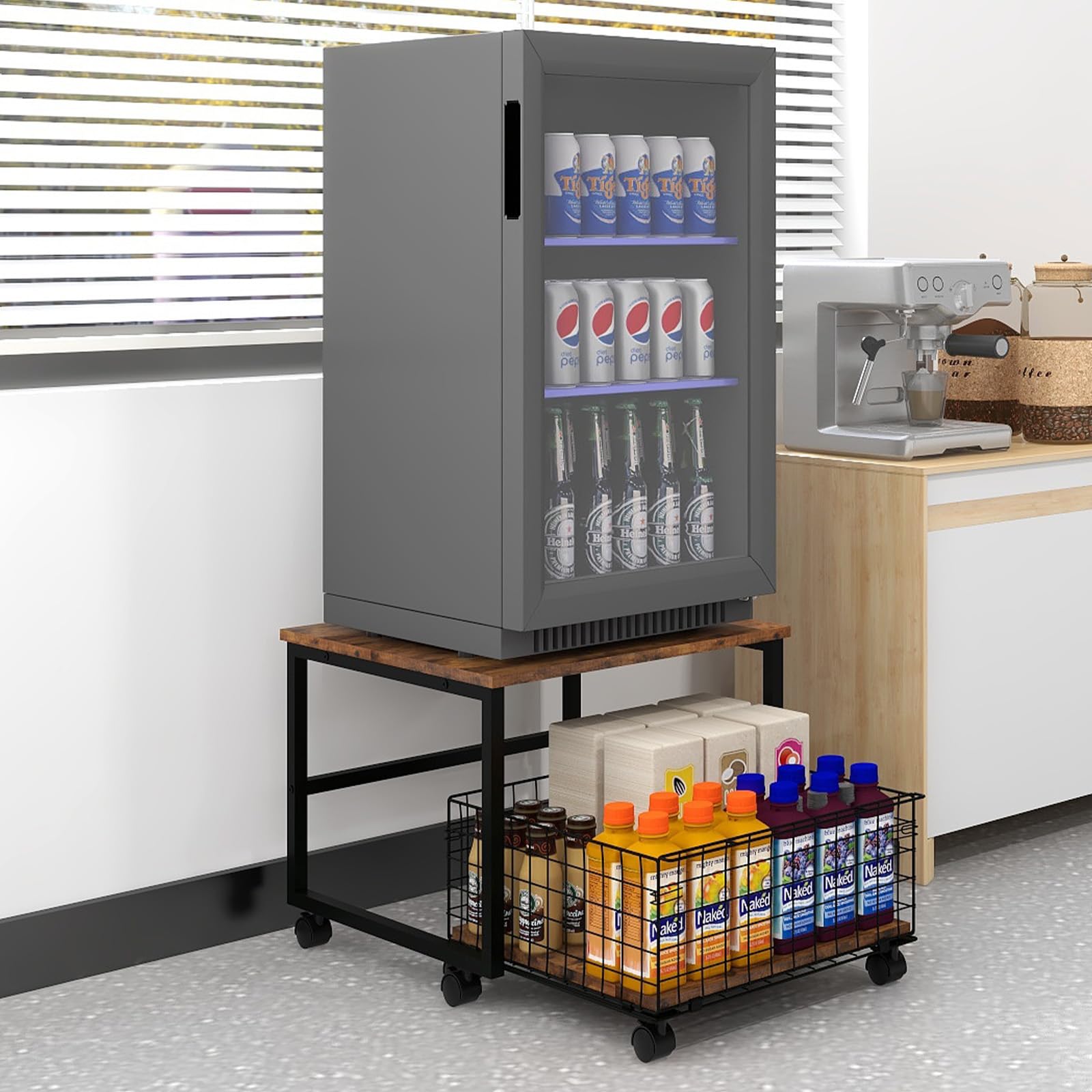 PUNCIA Soporte de Frigorífico con Cesta Metálica Base Móvil para Refrigerador con Ruedas Mueble Congelador Estantería para Nevera con Cesta Extraíble de Almacenamiento para Cocina Salón Oficina Retro