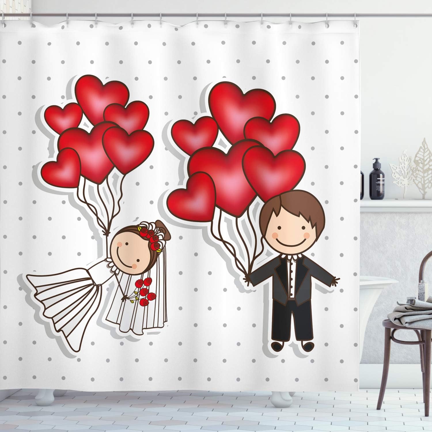 Ambesonne Wedding Shower Curtain, Funny Cartoon Style Newlyweds with Heart Shaped Balloons Dots Happiness, Cloth Fabric Bathroom Decor Set with Hooks, 69" W x 70" L, Red White Black