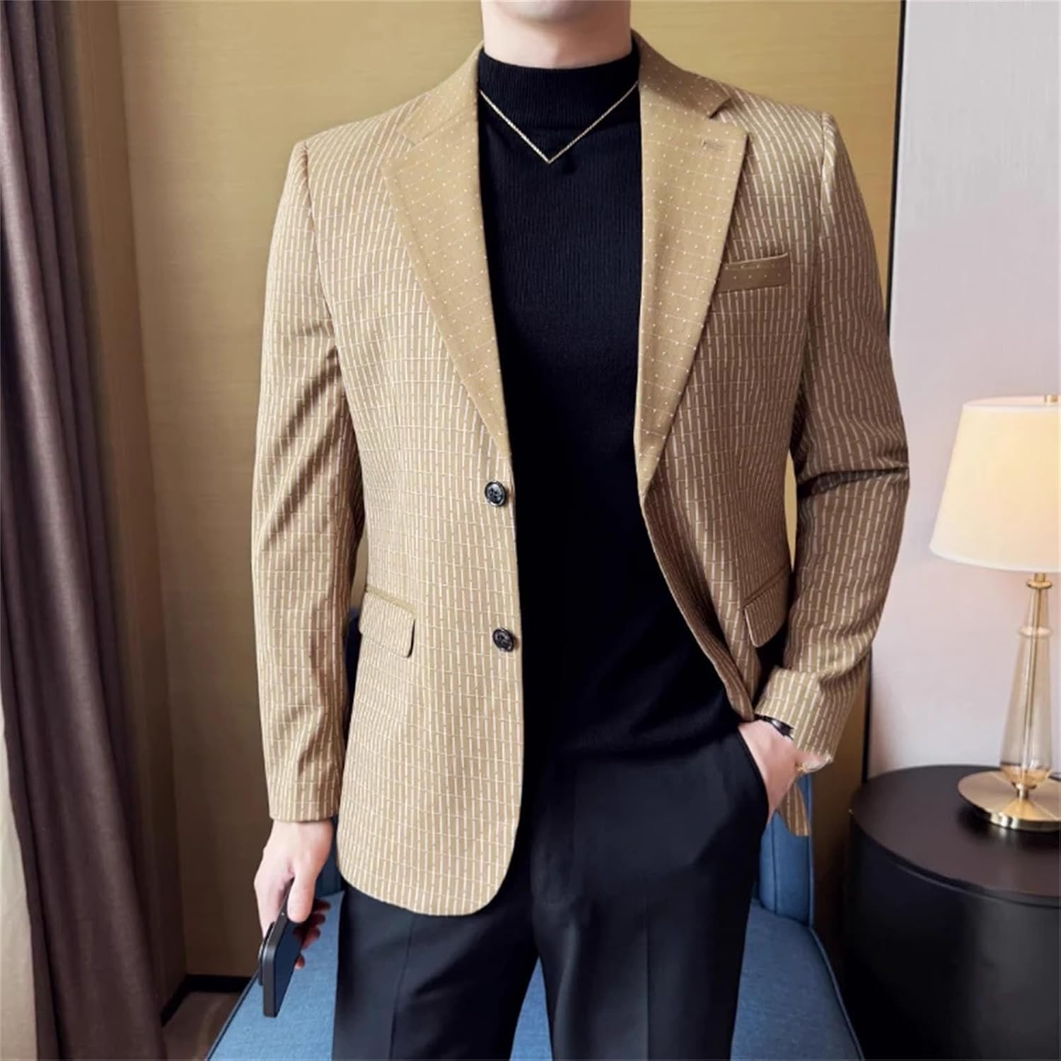 Men's Long-sleeved Striped Suit Jacket Blazers Business Fashion Slim Fit Banquet Social Dress Suit Coats